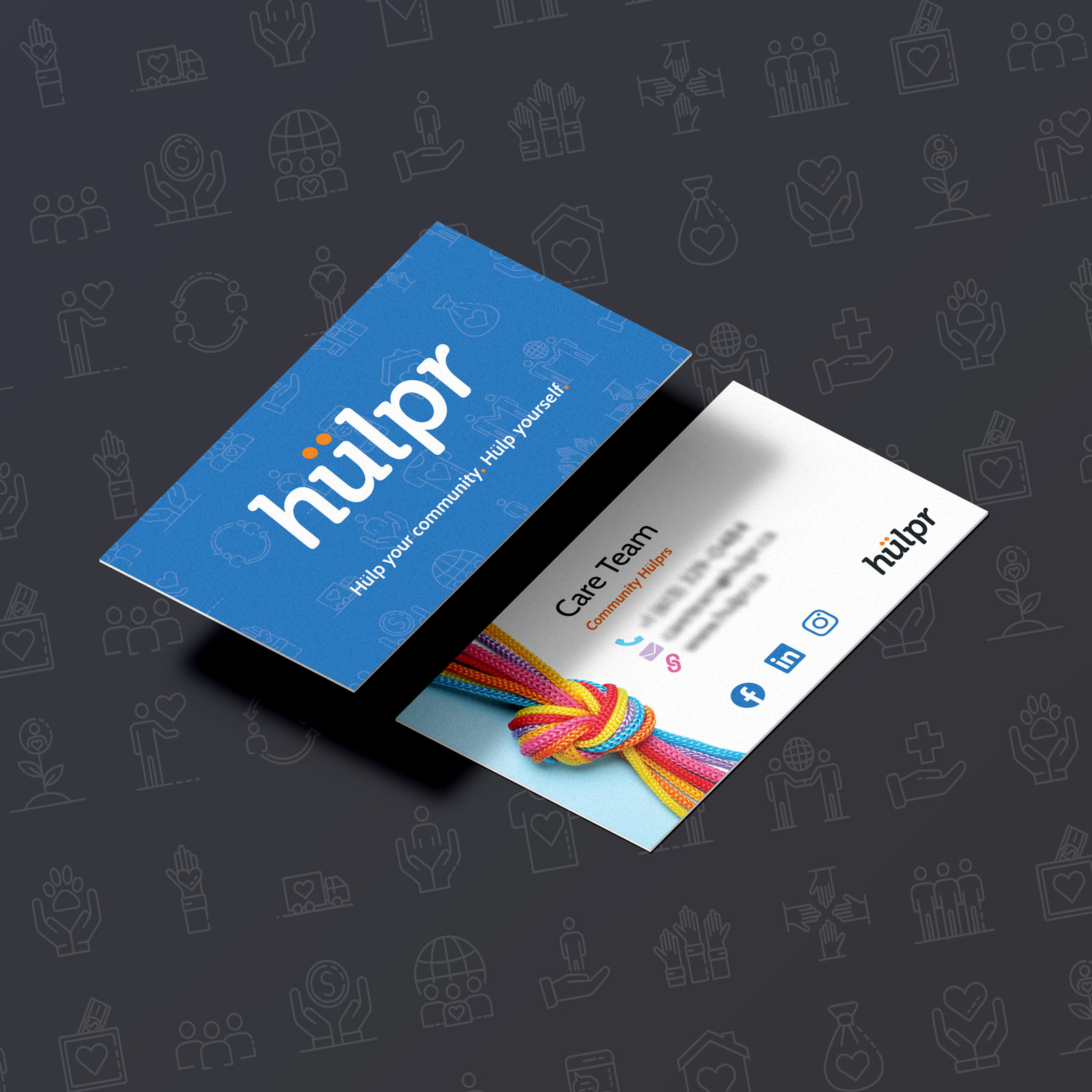 a contextual mockup of Hulpr's business card design, front and back