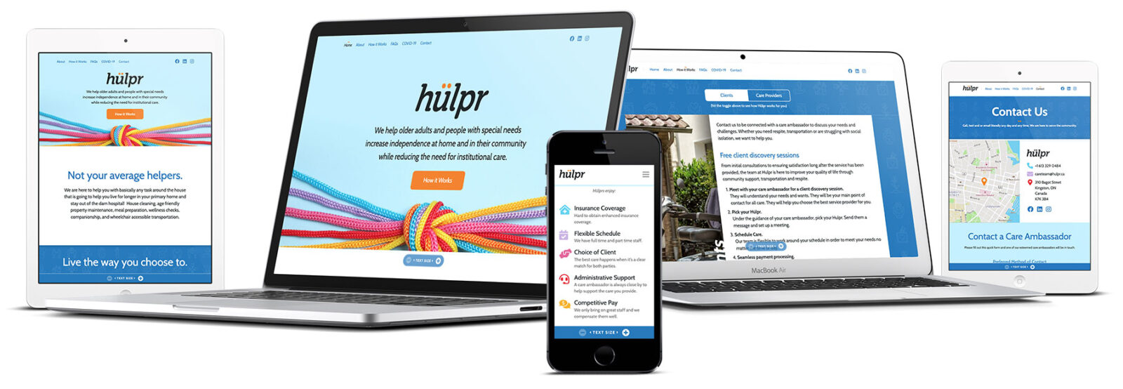 an arrangement of devices of different sizes displaying the Hulpr website. 