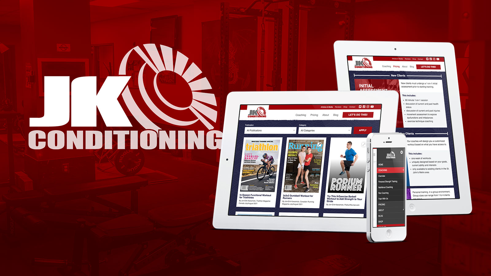 JK Conditioning logo and website screenshots