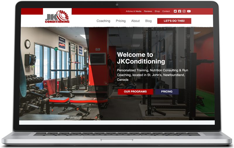 screenshot of JKConditioning.com home page on a laptop