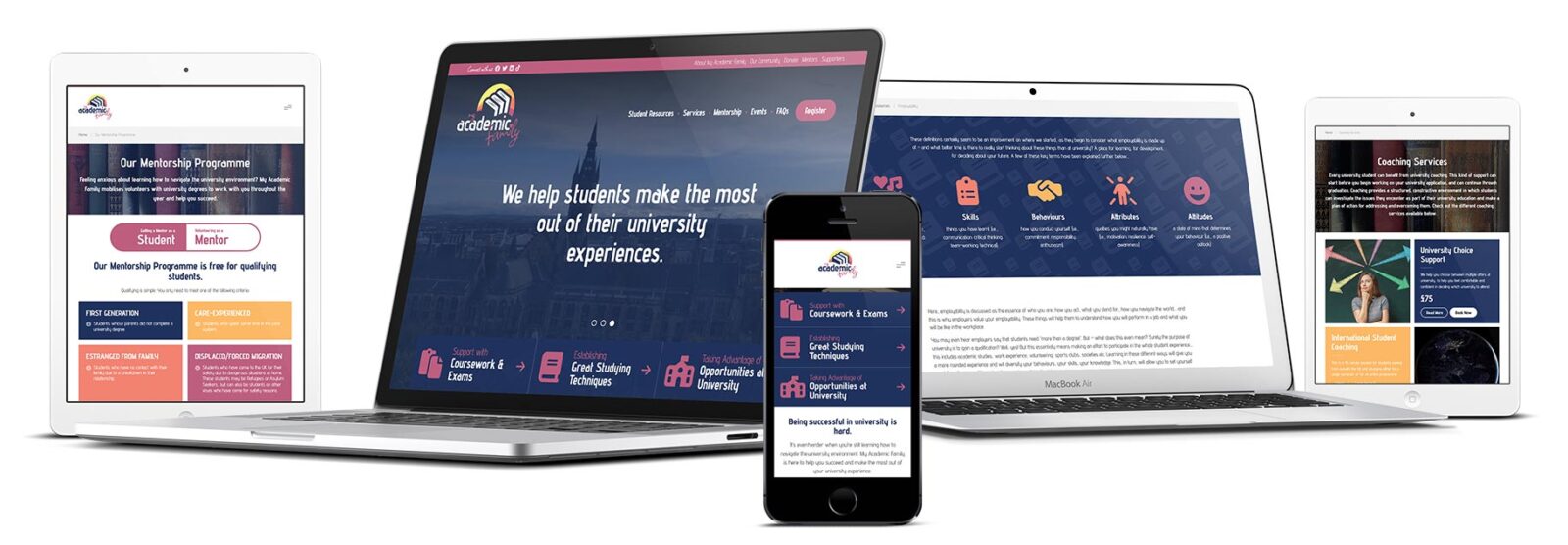 An arrangement of devices of various types and sizes displaying different pages from the My Academic Family website. 