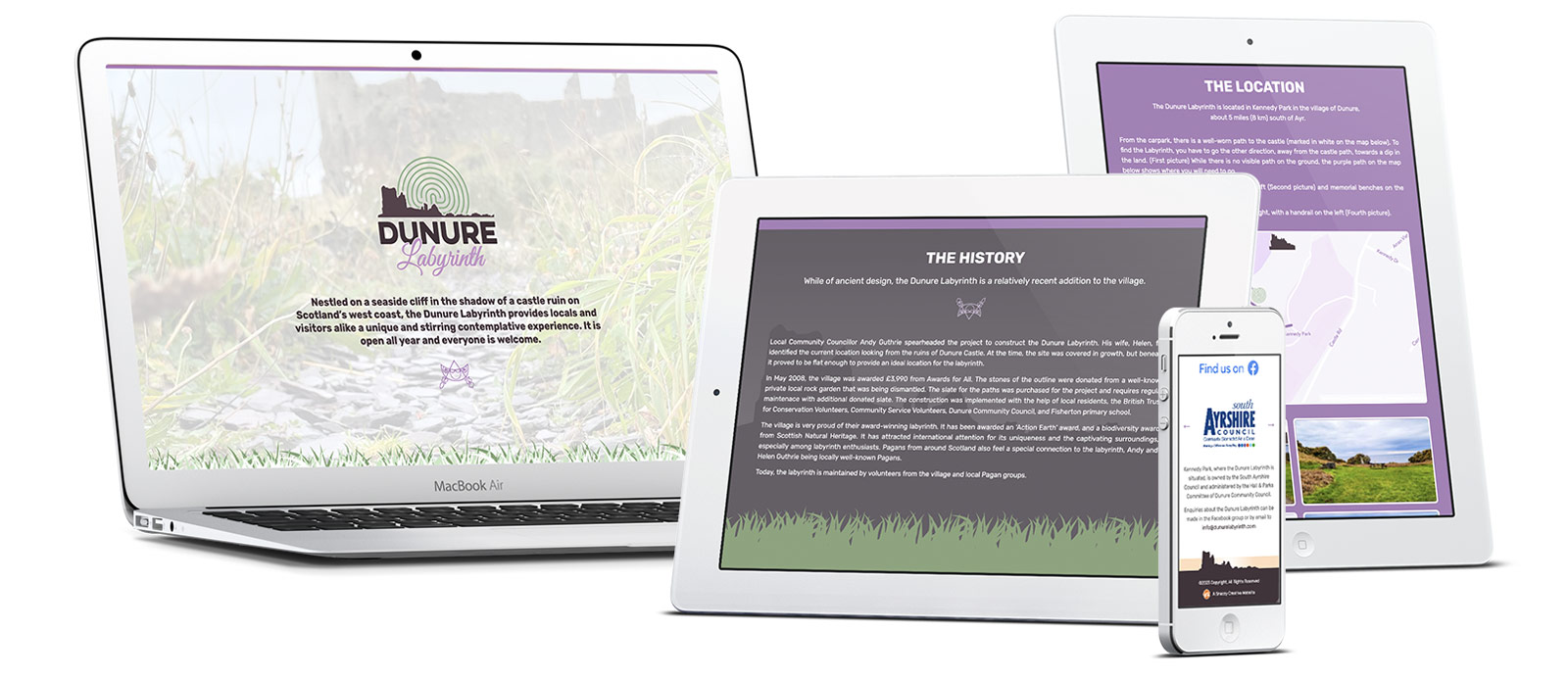 an arrangement of devices showing screenshots of the Dunure Labyrinth website