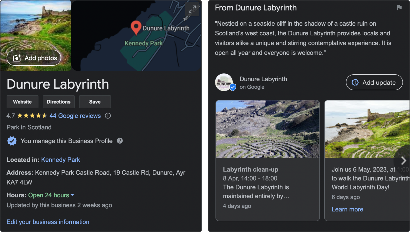 screenshots of Dunure Labyrinth's Google Business profile