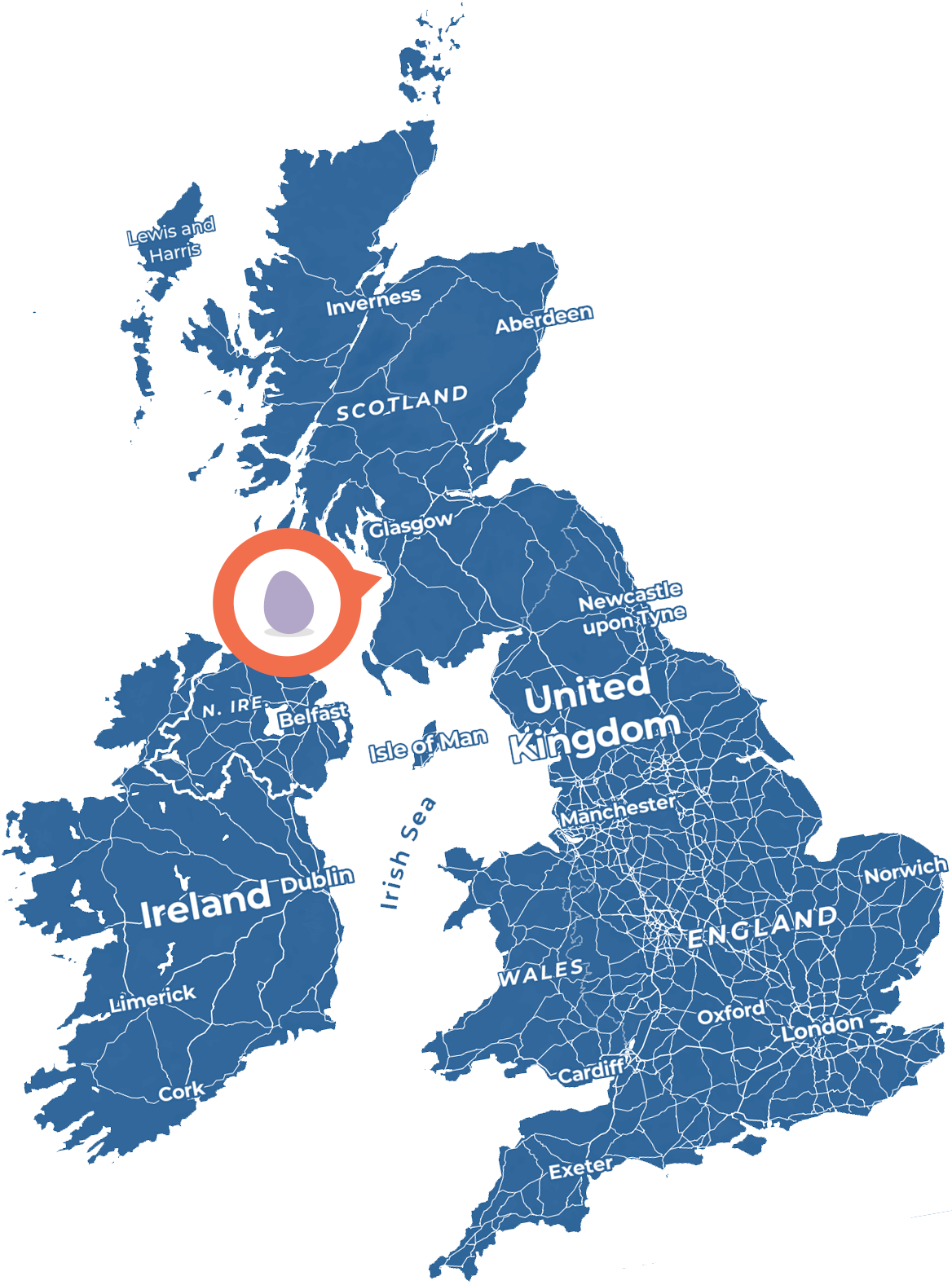 A blue map of the United Kingdom and Ireland with a pin on Ayr, Scotland