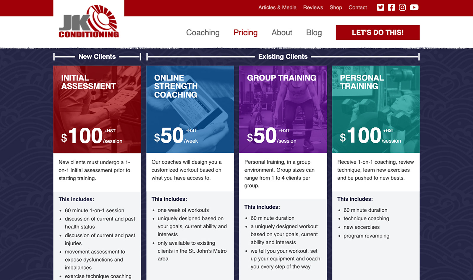 A screenshot of of the pricing page on the JK Conditioning website.