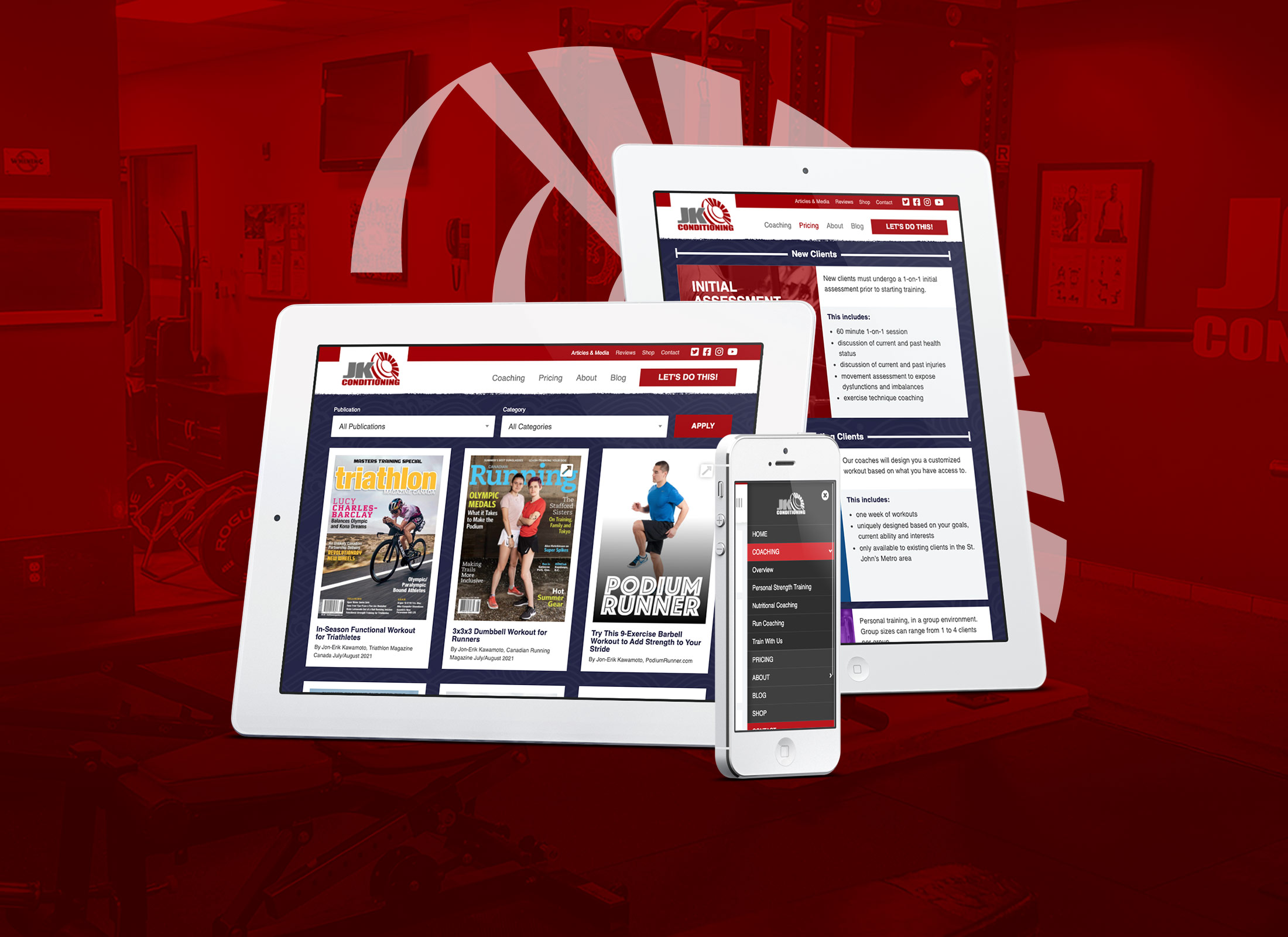 A mobile phone and tablets displaying pages from JK Conditioning's website.