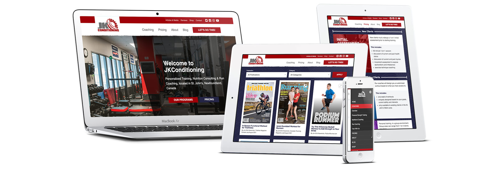 JK Conditioning web pages displayed on multiple device types