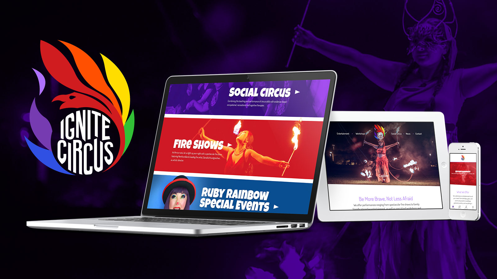 Ignite Circus logo on a dark purple background next two some devices displaying the website at different screen sizes.