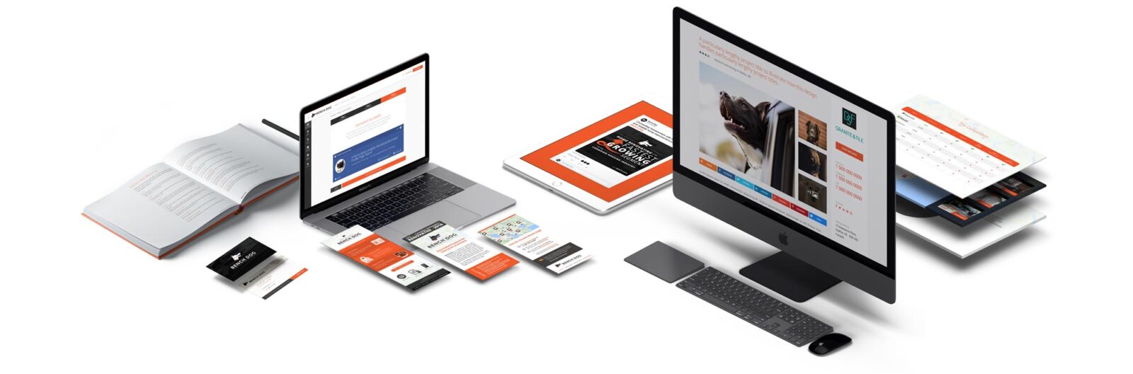 isometric arrangement of a variety of devices displaying bench.dog screenshots