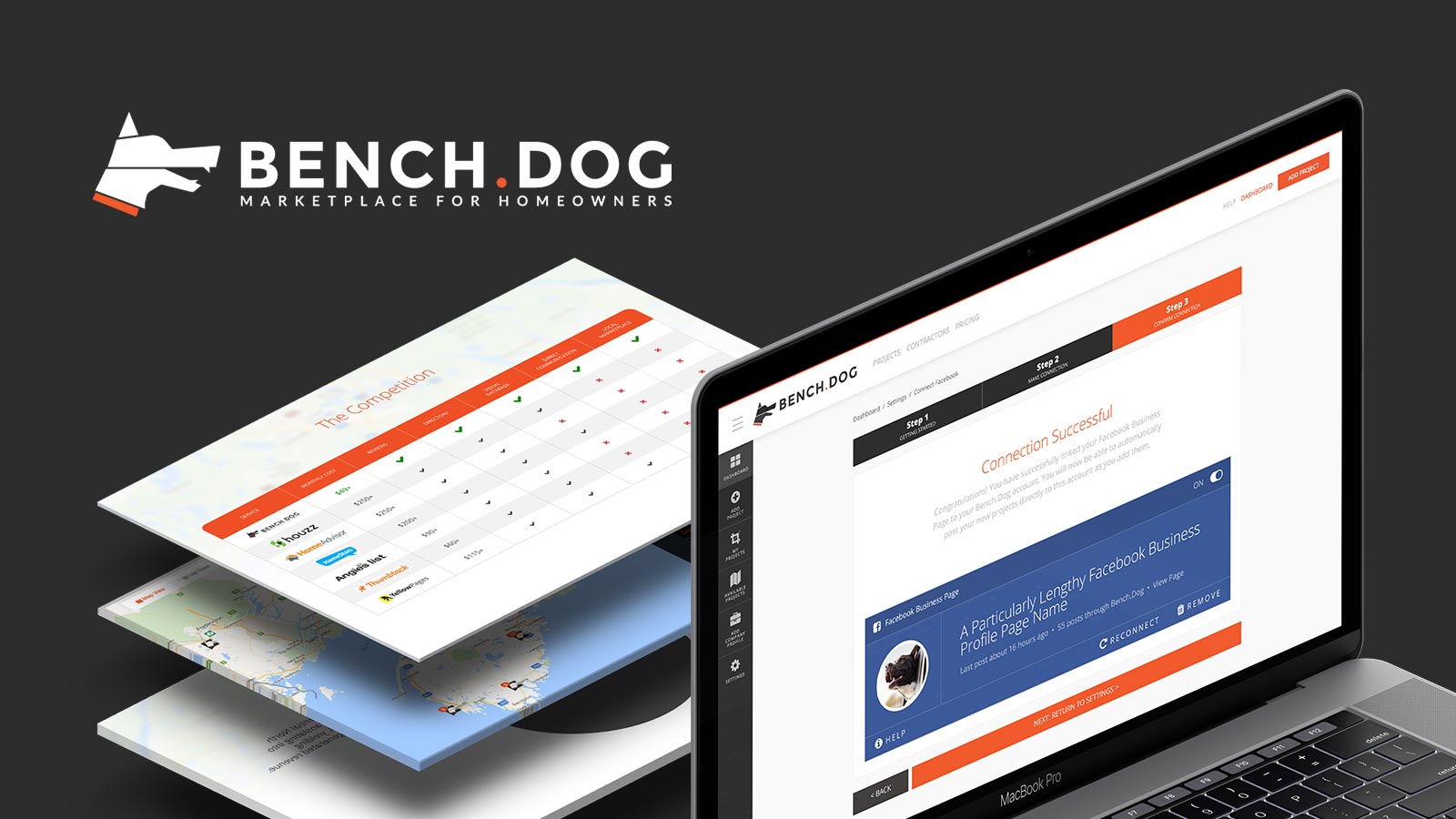 screenshots from the Bench.dog app in a stylised composition