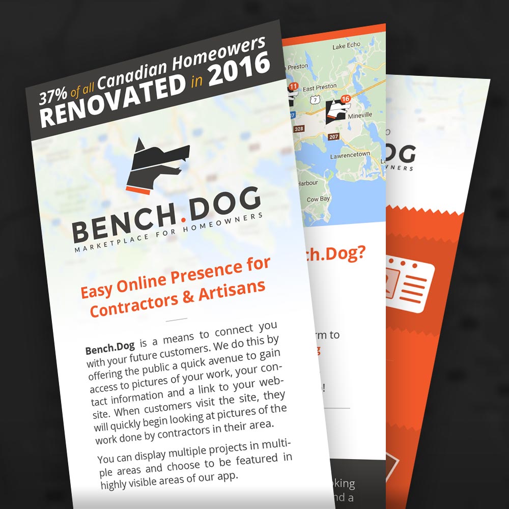 an arrangement of Bench.dog printed promo cards.