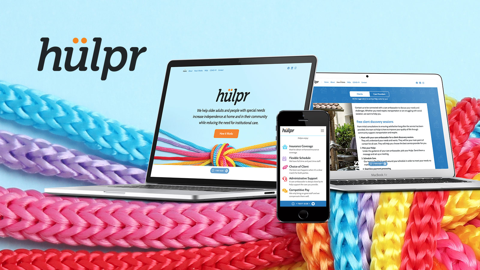 an arrangement of devices displaying the Hulpr.ca website.
